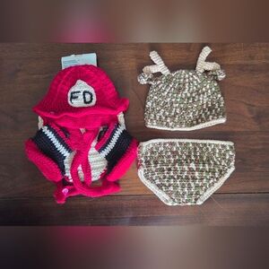 Crochet Firefighter and Camo Deer Baby Set - Diaper Cover And Hat - Nb Photos